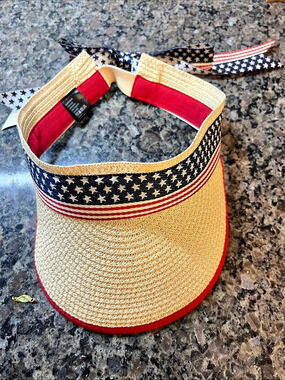 David & Young Patriotic Straw Sun Visor Hat USA Flag Ribbon Beige & Red